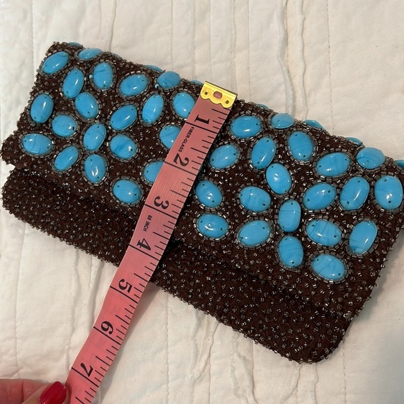 Moyna Anthropologie Beaded Clutch Turquoise Beads on Brown Beaded background - Picture 8 of 12